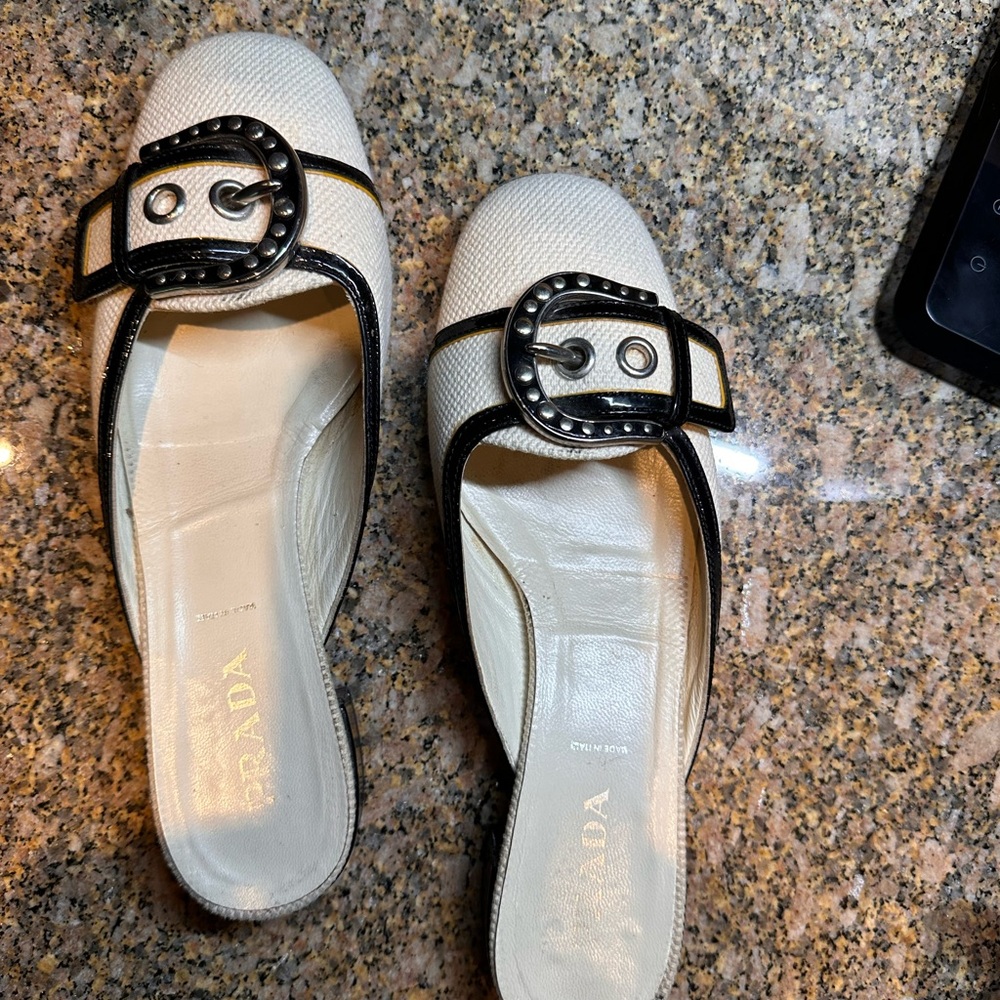 Prada Women's White and Black Slip-On Shoes Sz 8